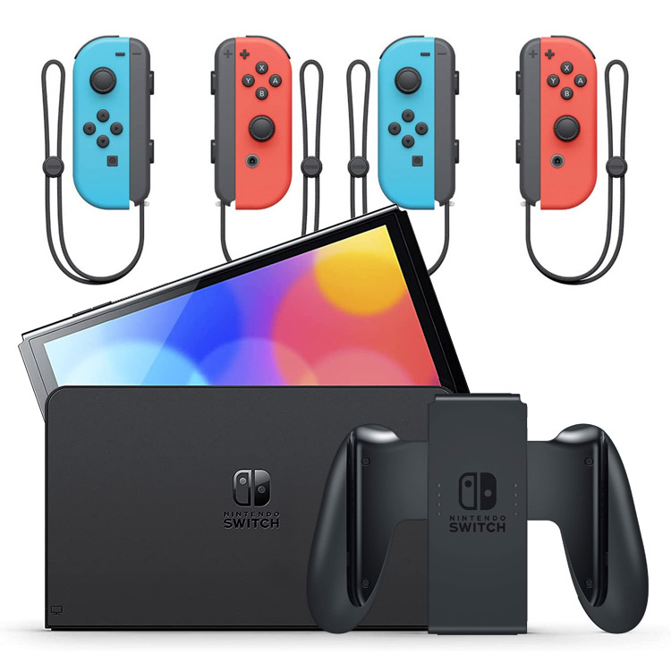 nintendo-switch-with-four-joy-con-blue-red-750x750 Nintendo Switch OLED with Neon Blue and Neon Red Joy-Con + Joy-Con Neon Blue/Neon Red